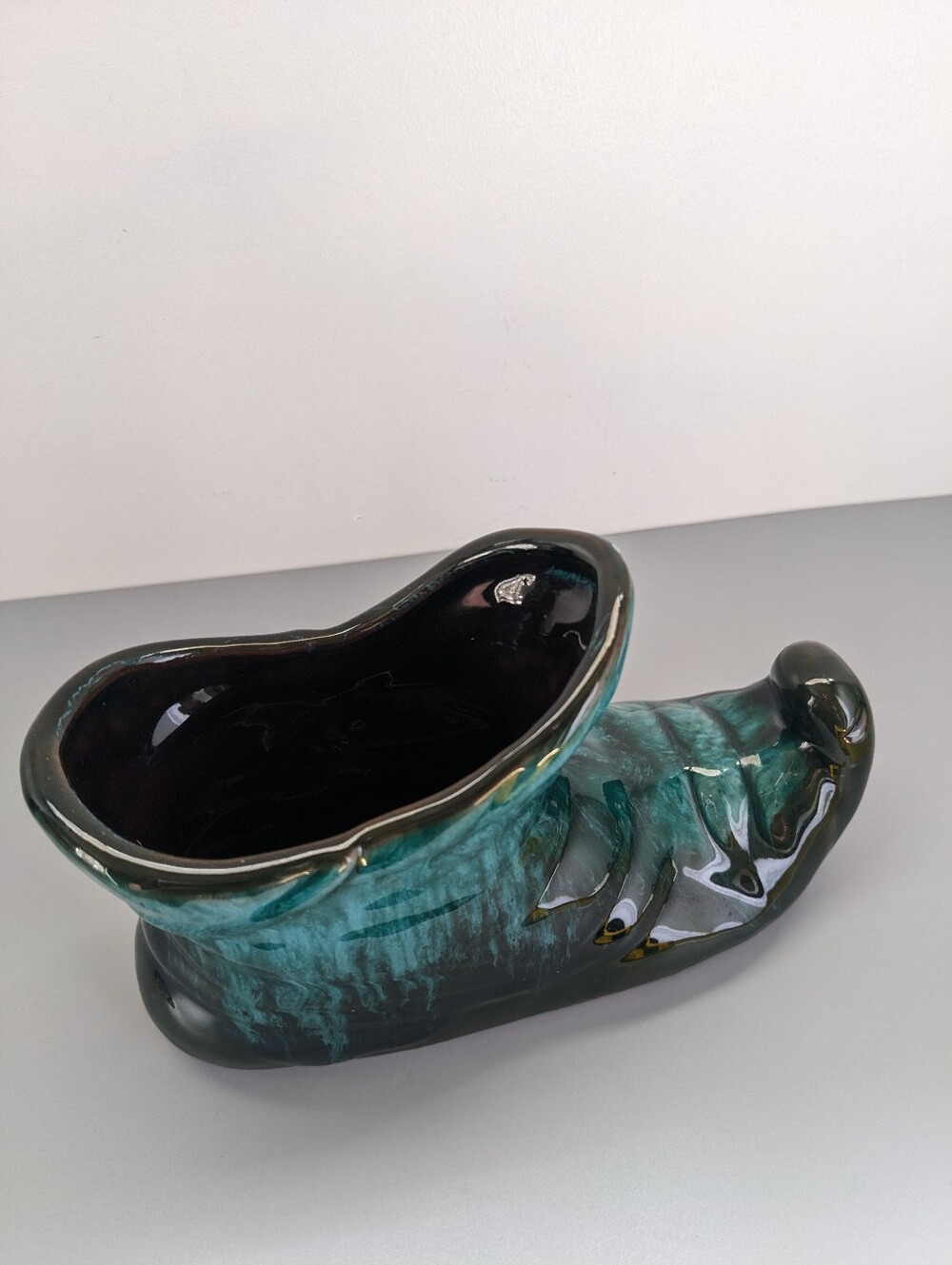 BMP Shoe Drip Glaze Ceramic Green Blue Vintage Canadian Pottery Vase